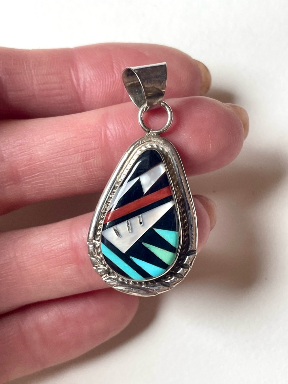 Authentic Native American multi-stone micro-inlay sterling silver pendant